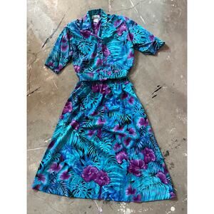Set, Blue Purple, 80s, Skirt Top Belt, Bright Palm Leaf Print, Tropical Jungle